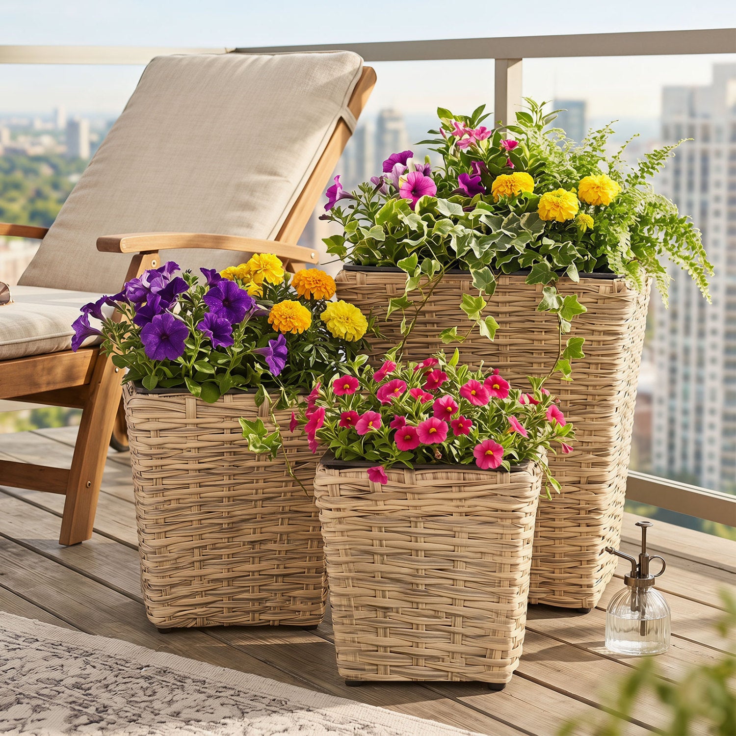 Three-piece rattan planter box kit with removable plastic liners for outdoor garden raised beds in natural finish.