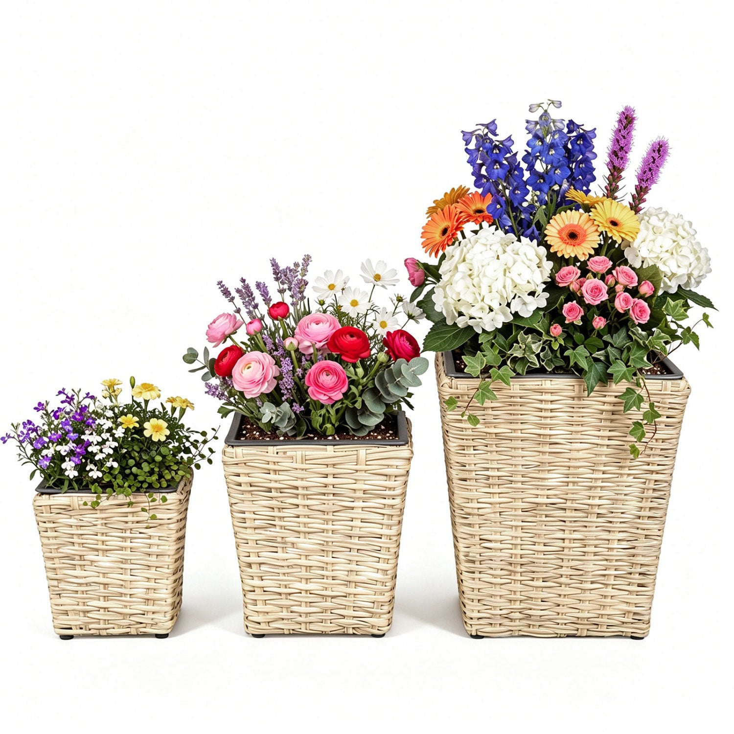 Three-piece rattan planter box kit with removable plastic liners, natural outdoor garden raised beds for planting.