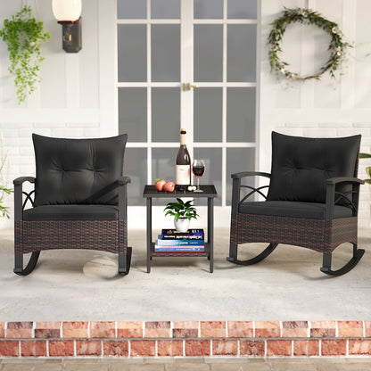 3 Piece Rocking Bistro Set PE Rattan Rocker Chairs with Acacia Wood Top Table-Black
