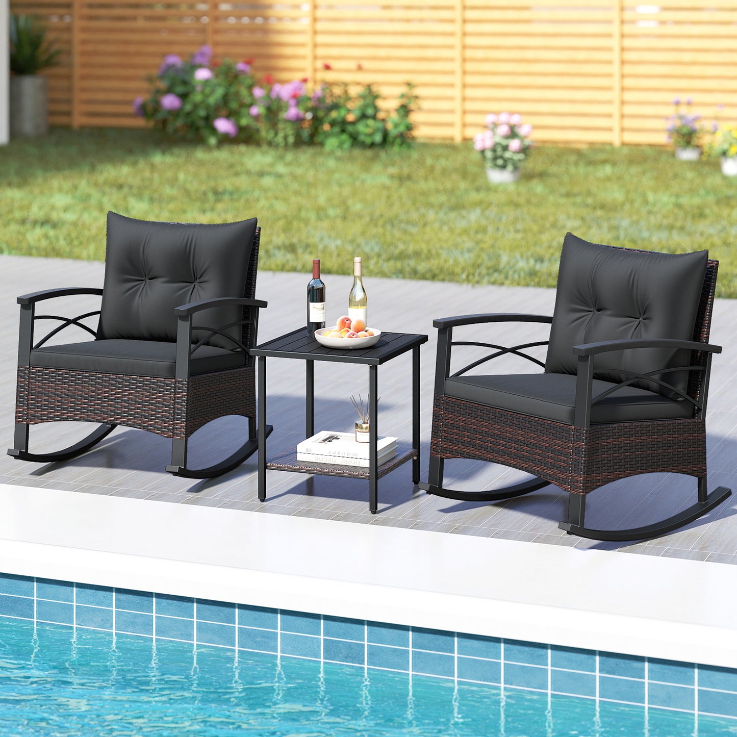 3 Piece Rocking Bistro Set PE Rattan Rocker Chairs with Acacia Wood Top Table-Black