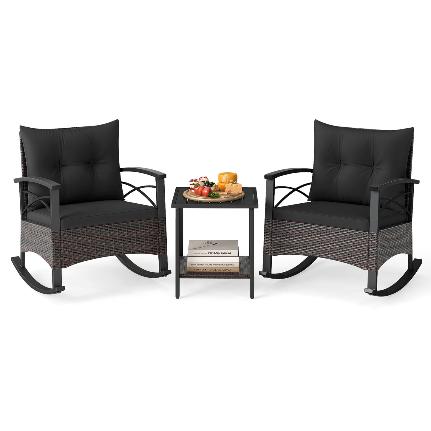 3 Piece Rocking Bistro Set PE Rattan Rocker Chairs with Acacia Wood Top Table-Black