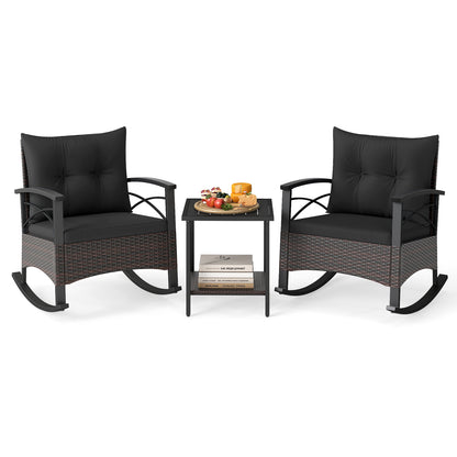 3 Piece Rocking Bistro Set PE Rattan Rocker Chairs with Acacia Wood Top Table-Black