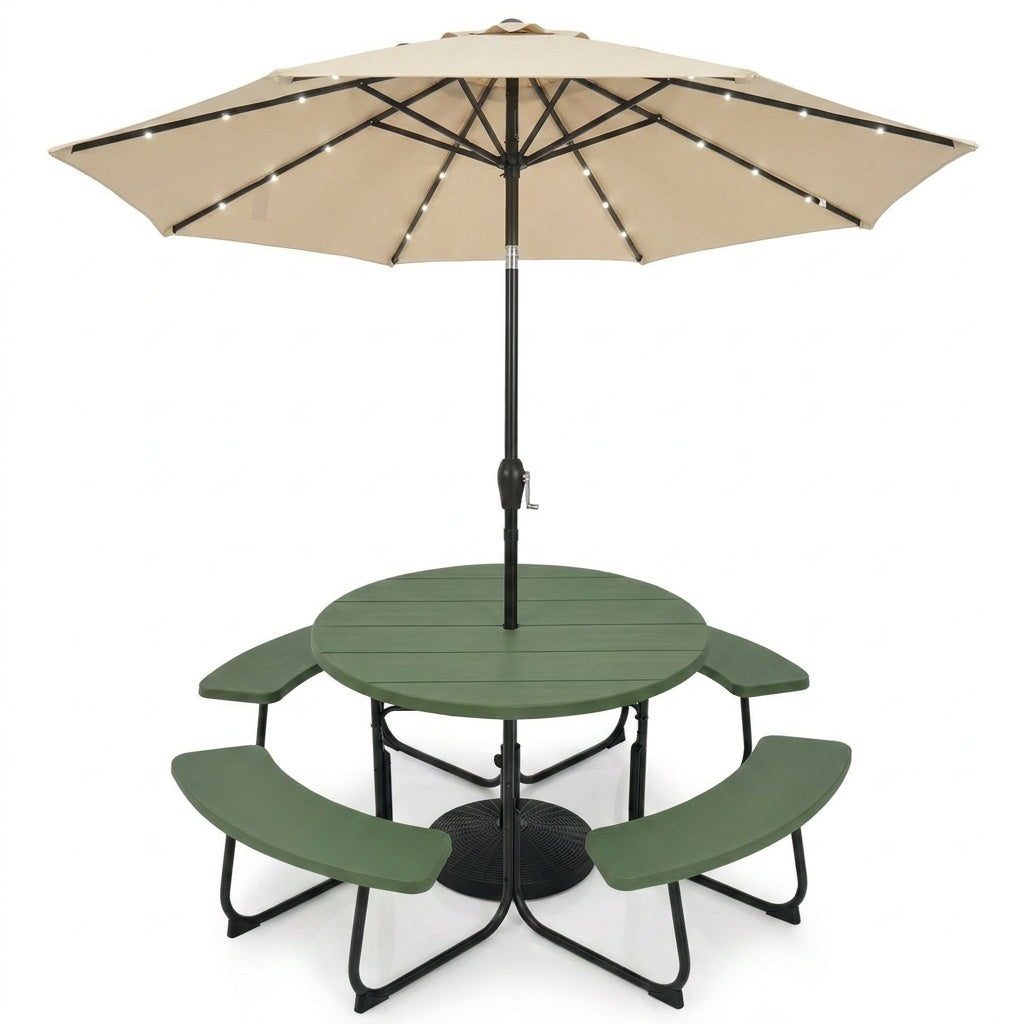 3-piece round outdoor picnic table set with 10ft solar LED tilt umbrella and base, ideal for patio and backyard gatherings.