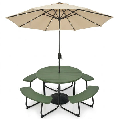 3-piece round outdoor picnic table set with 10ft solar LED tilt umbrella and base, ideal for patio and backyard gatherings.