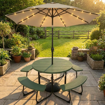 3-piece round outdoor picnic table set with 10ft solar LED tilt umbrella and base, suitable for patio or backyard use.