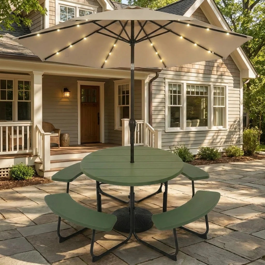 Three-piece round picnic table set with a 10ft solar LED tilt umbrella and base, outdoor patio furniture by Wilsons Home Store