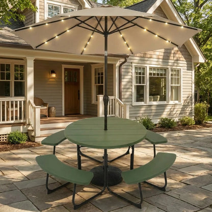 Three-piece round picnic table set with a 10ft solar LED tilt umbrella and base, outdoor patio furniture by Wilsons Home Store