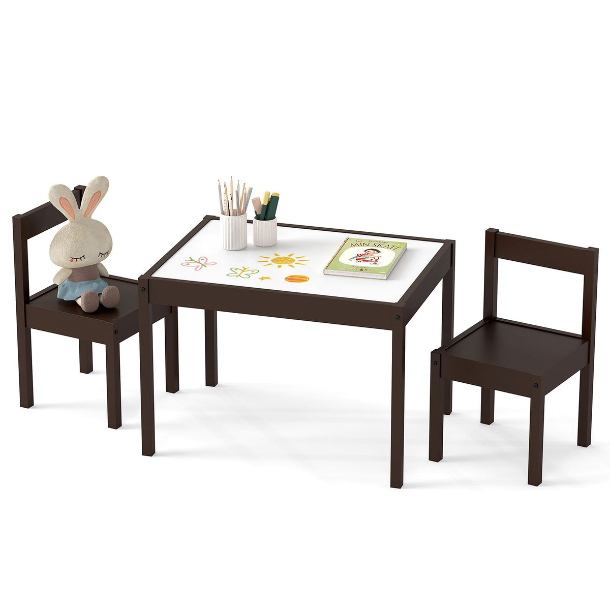3-Piece Toddler Activity Table Set with Solid Rubber Wood Frame-Brown