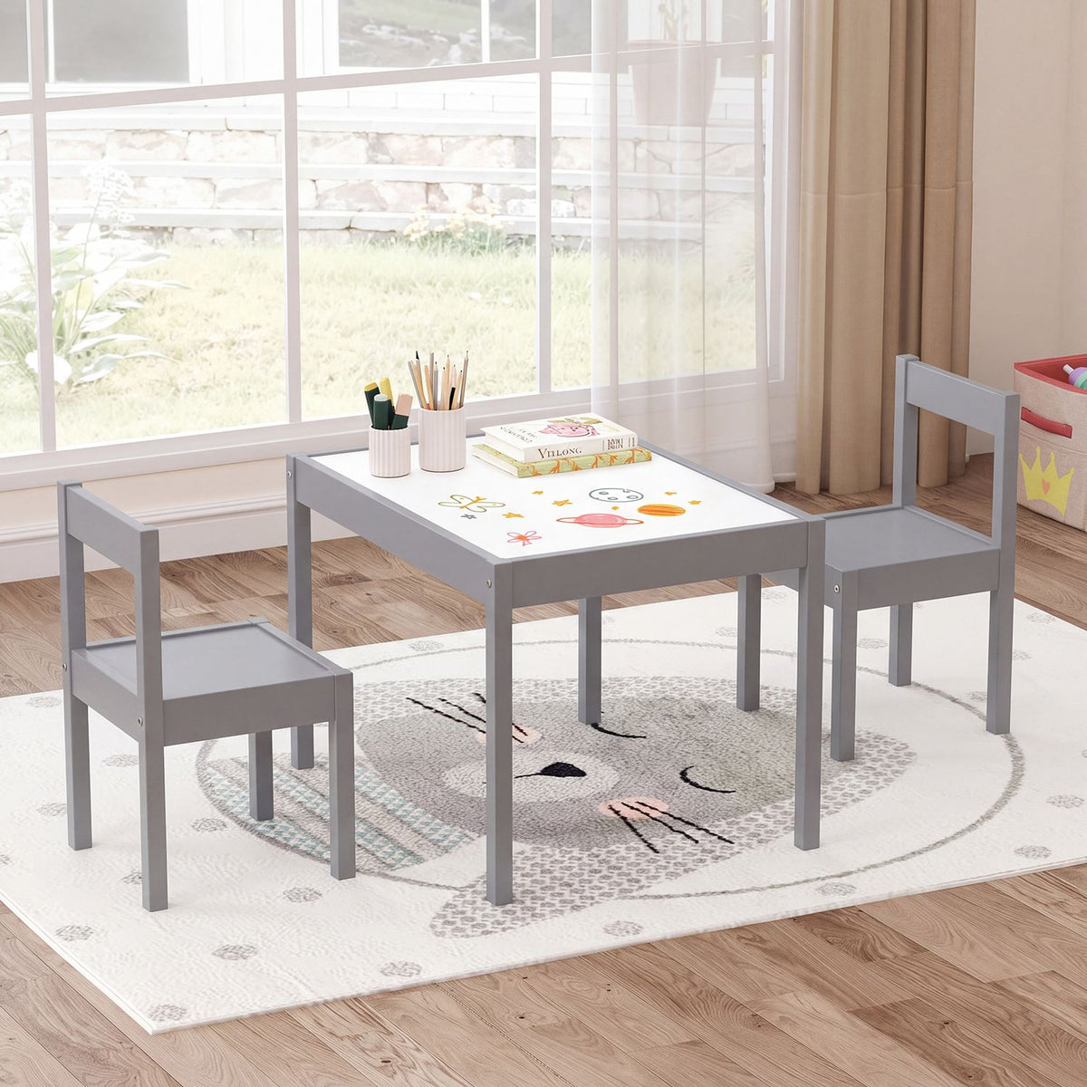 3-Piece Toddler Activity Table Set with Solid Rubber Wood Frame-Brown