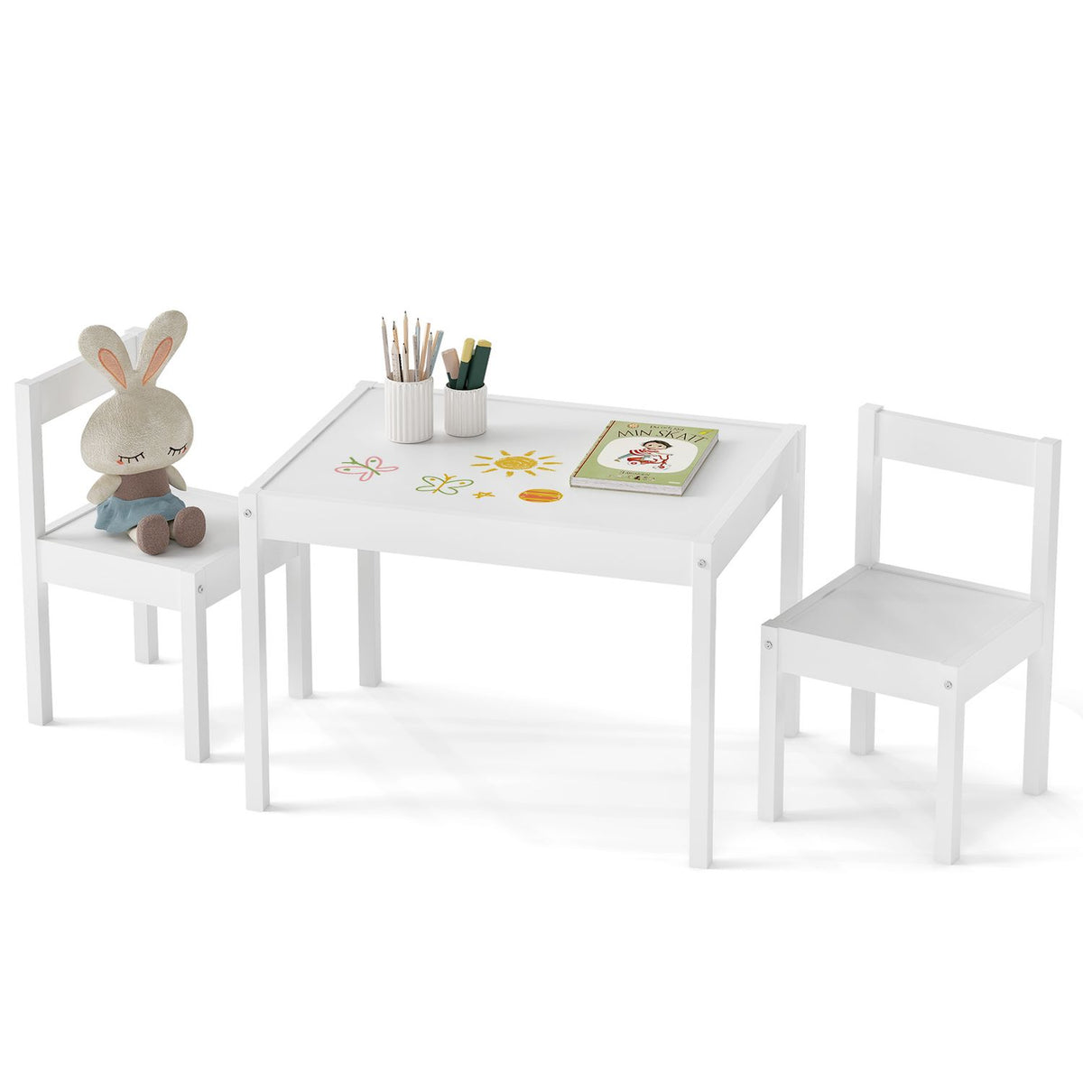 3-Piece Toddler Activity Table Set with Solid Rubber Wood Frame-Brown
