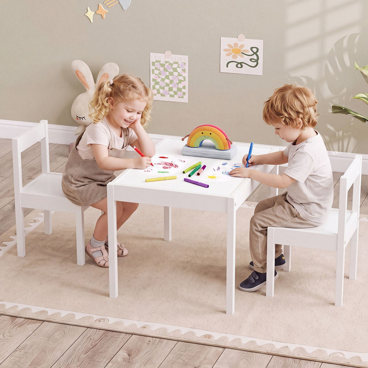 3-Piece Toddler Activity Table Set with Solid Rubber Wood Frame-Brown