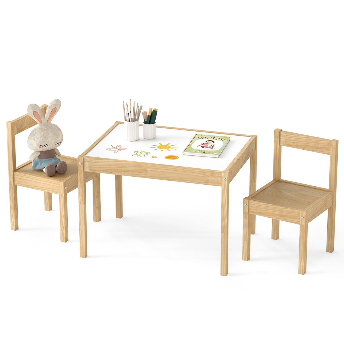 3-Piece Toddler Activity Table Set with Solid Rubber Wood Frame-Brown