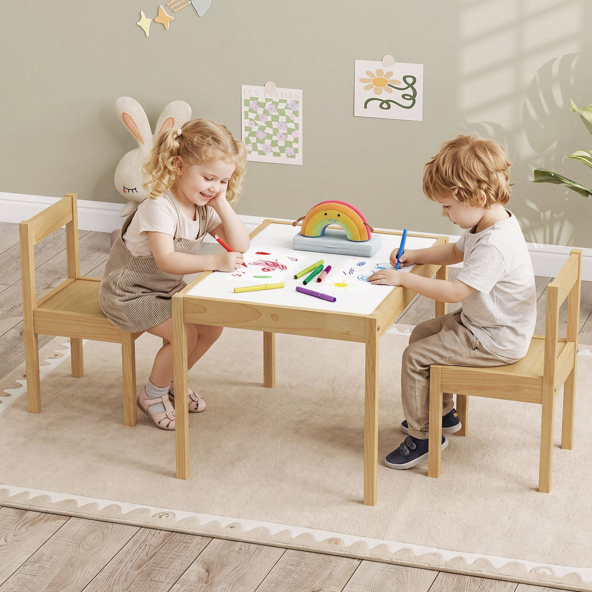 3-Piece Toddler Activity Table Set with Solid Rubber Wood Frame-Brown