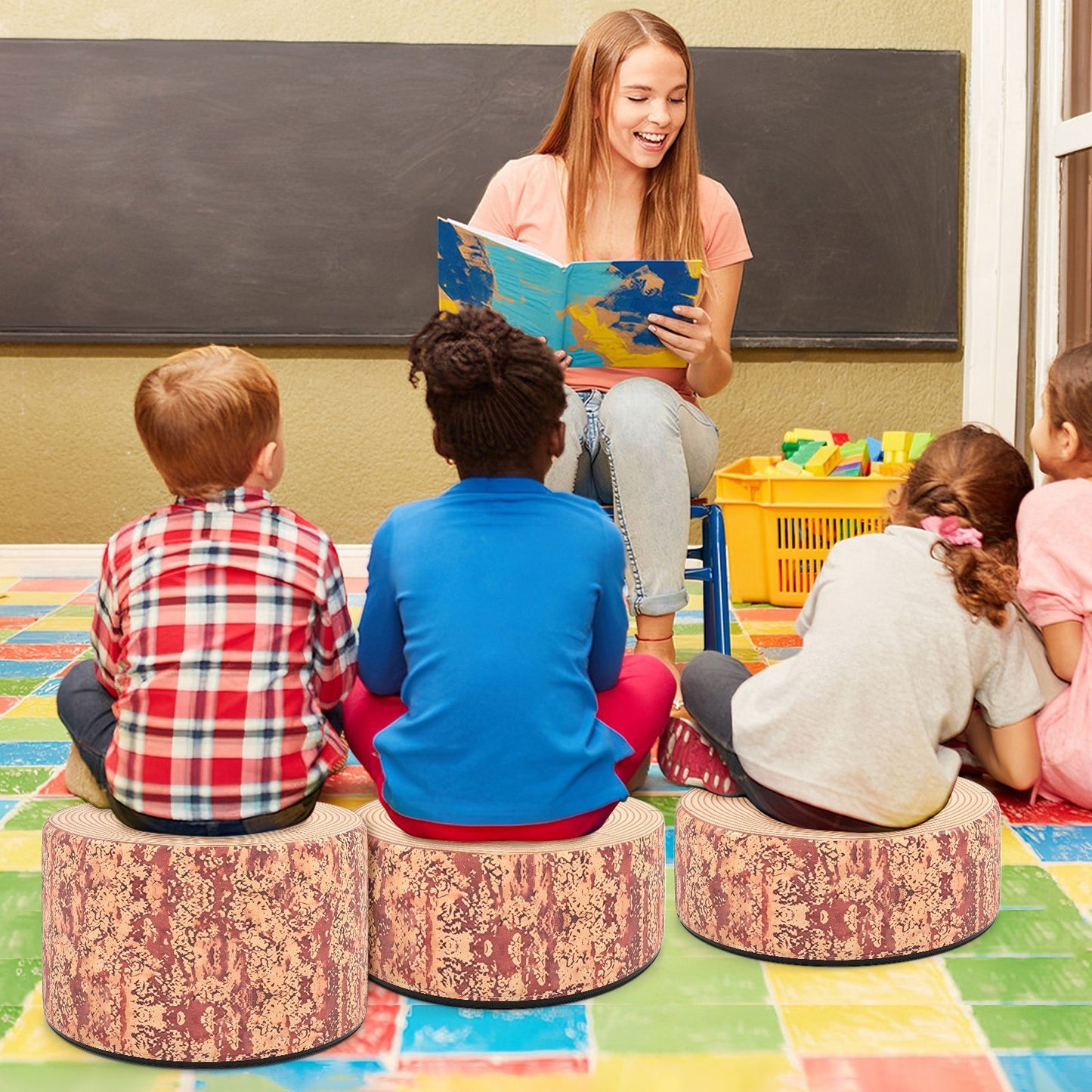 3-Piece Tree Stump Stool Set with Wood Printing Nature Decoration-Dark Walnut