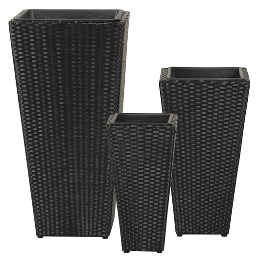 3-Piece Wicker Planters Tapered PP Rattan Plant Boxes with Plastic Flower Pots-Black