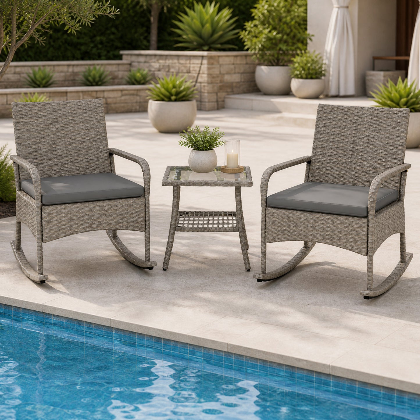 3-Piece Wicker Rocking Bistro Set with Cushions for Garden Backyard Porch-Gray