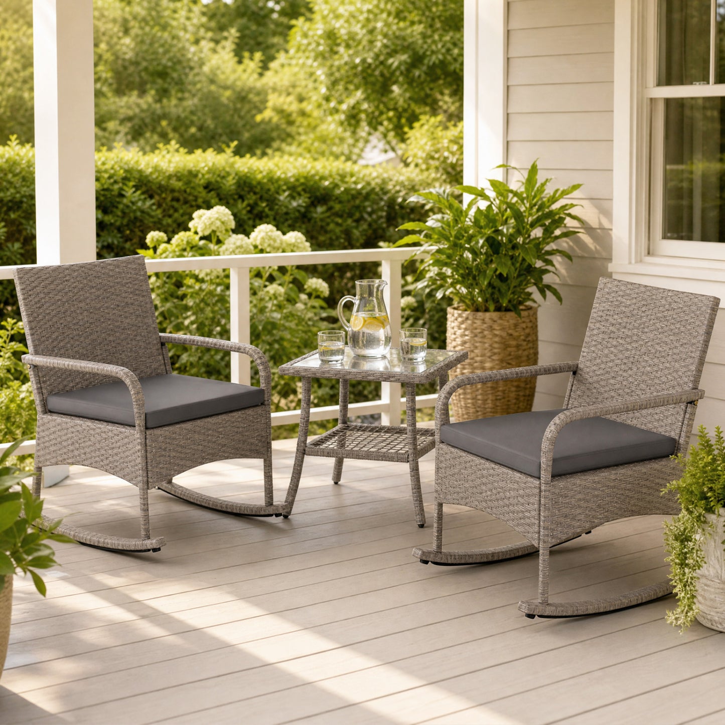 3-Piece Wicker Rocking Bistro Set with Cushions for Garden Backyard Porch-Gray