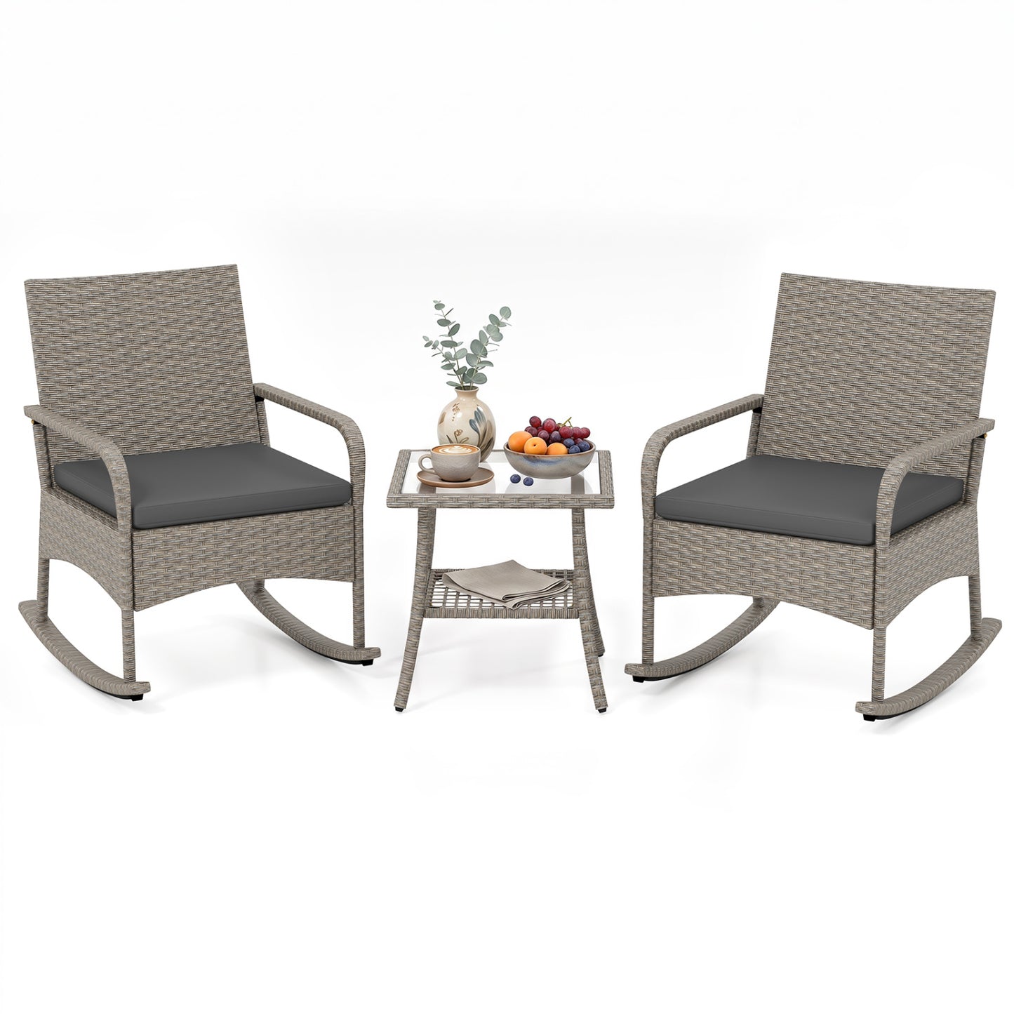 3-Piece Wicker Rocking Bistro Set with Cushions for Garden Backyard Porch-Gray