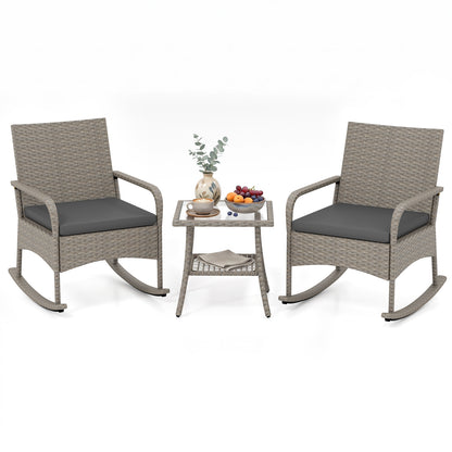 3-Piece Wicker Rocking Bistro Set with Cushions for Garden Backyard Porch-Gray