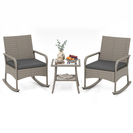 3-Piece Wicker Rocking Bistro Set with Cushions for Garden Backyard Porch-Gray