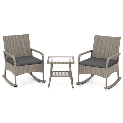 3-Piece Wicker Rocking Bistro Set with Cushions for Garden Backyard Porch-Gray