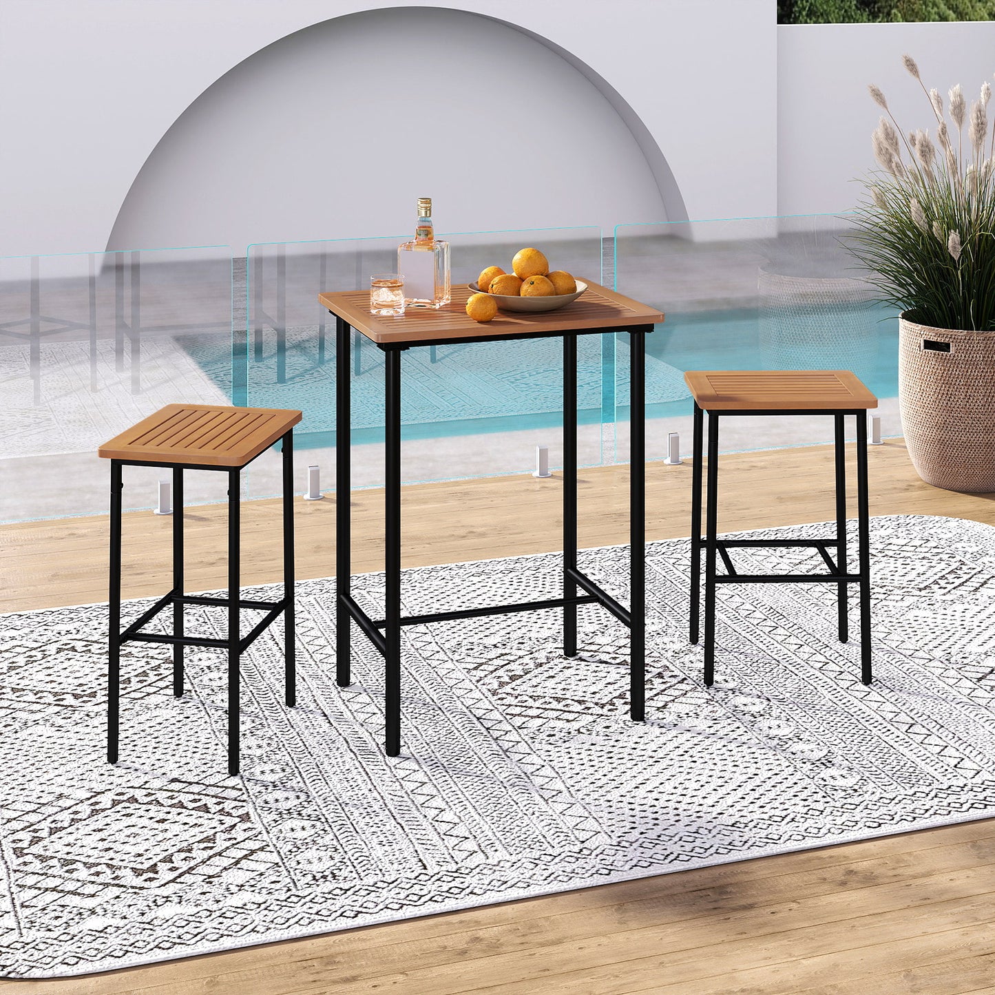 3 Pieces Acacia Wood Patio Bar Set Rectangular Table with Metal Frame