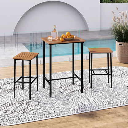 3 Pieces Acacia Wood Patio Bar Set Rectangular Table with Metal Frame