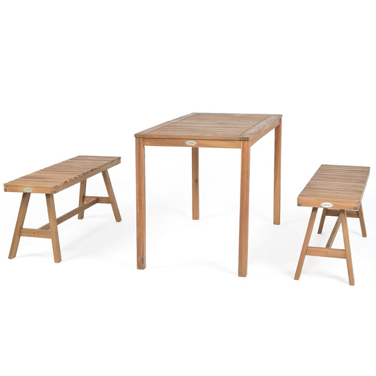 3 Pieces Acacia Wood Patio Dining Set Outdoor Rectangular Table and Benches with Slatted Seats