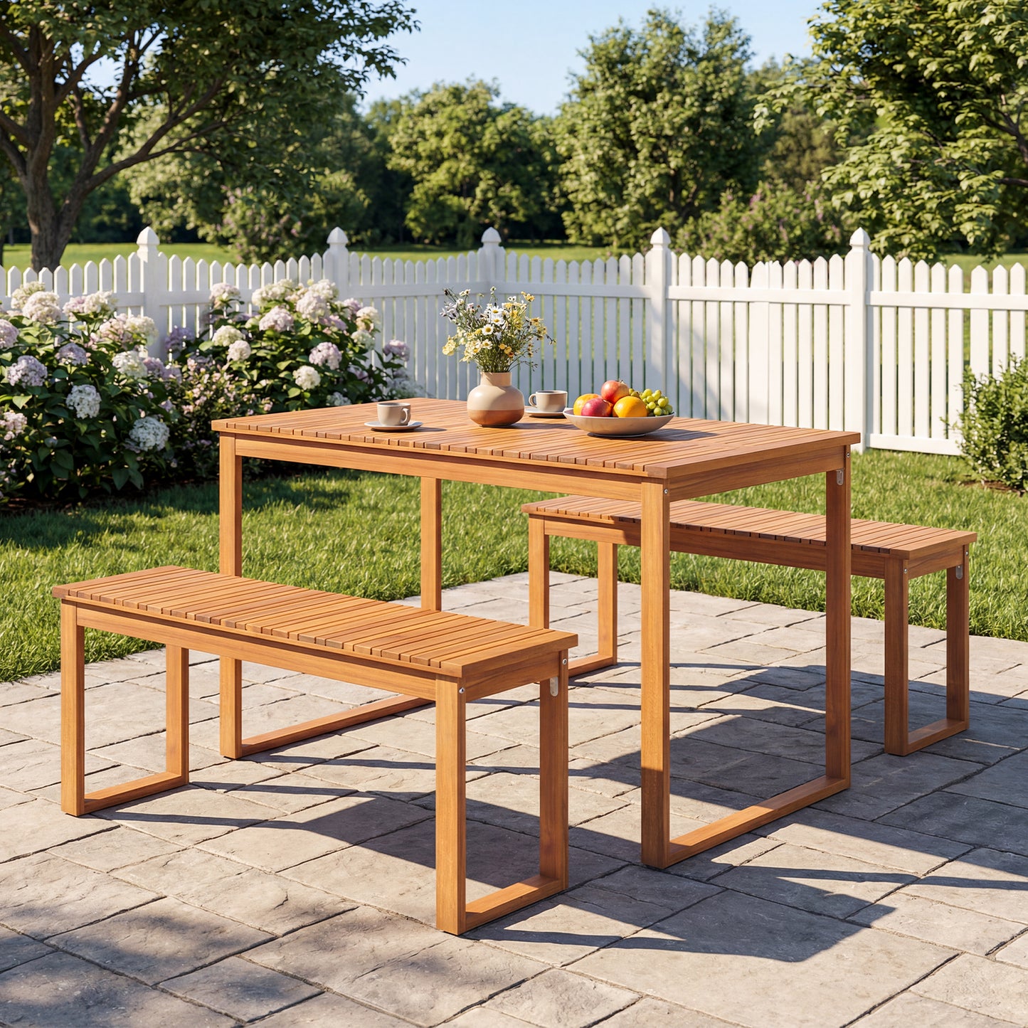 3 Pieces Acacia Wood Picnic Set with Outdoor Dining Table and 2 Benches for 4 People