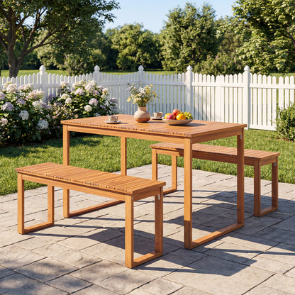 3 Pieces Acacia Wood Picnic Set with Outdoor Dining Table and 2 Benches for 4 People