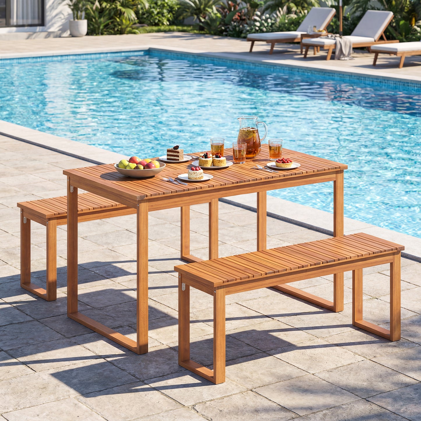3 Pieces Acacia Wood Picnic Set with Outdoor Dining Table and 2 Benches for 4 People