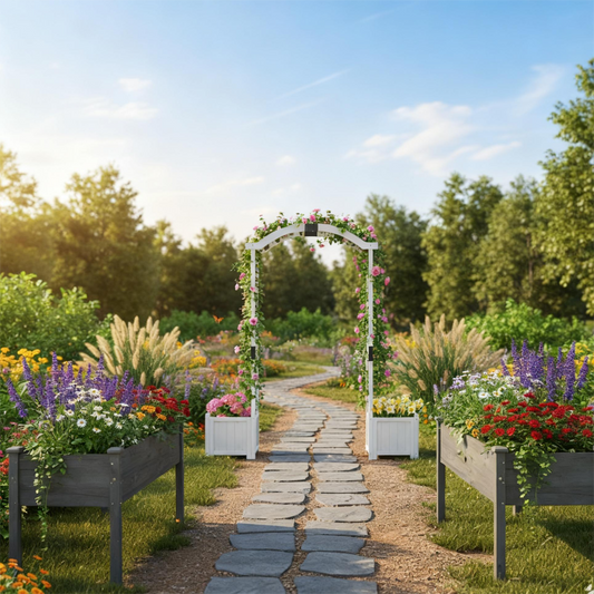 Three-piece garden arbor and raised bed combo set by Wilsons Home Store for outdoor garden decoration and planting.
