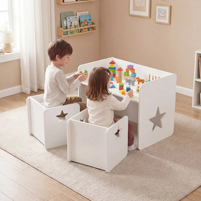 3 Pieces Kids Table and Chair Set Space-saving Toddler Table and 2 Chairs-White