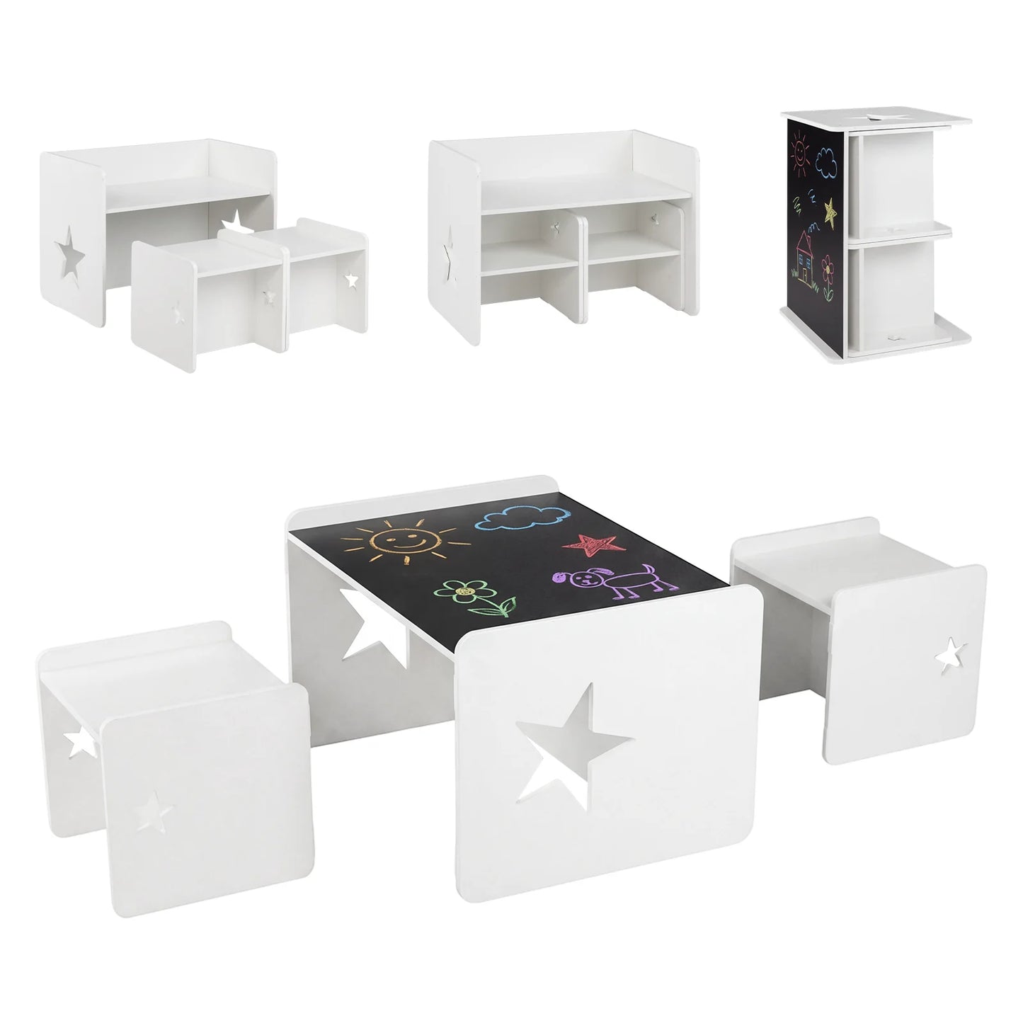 3 Pieces Kids Table and Chair Set Space-saving Toddler Table and 2 Chairs-White