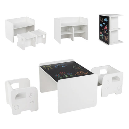 3 Pieces Kids Table and Chair Set with Space-saving Toddler Table and 2 Chairs-White