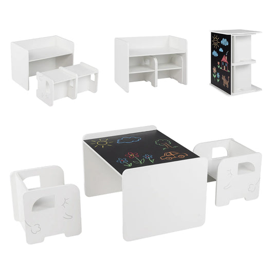3 Pieces Kids Table and Chair Set with Space-saving Toddler Table and 2 Chairs-White