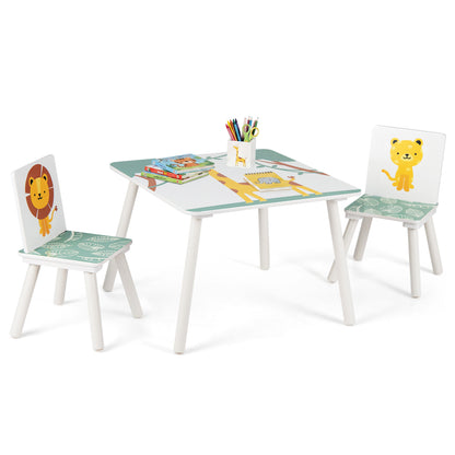 Three-piece kids table and chairs set with animal patterns for children aged 3-6, featuring colorful toddler furniture by Wilsons Home Store.