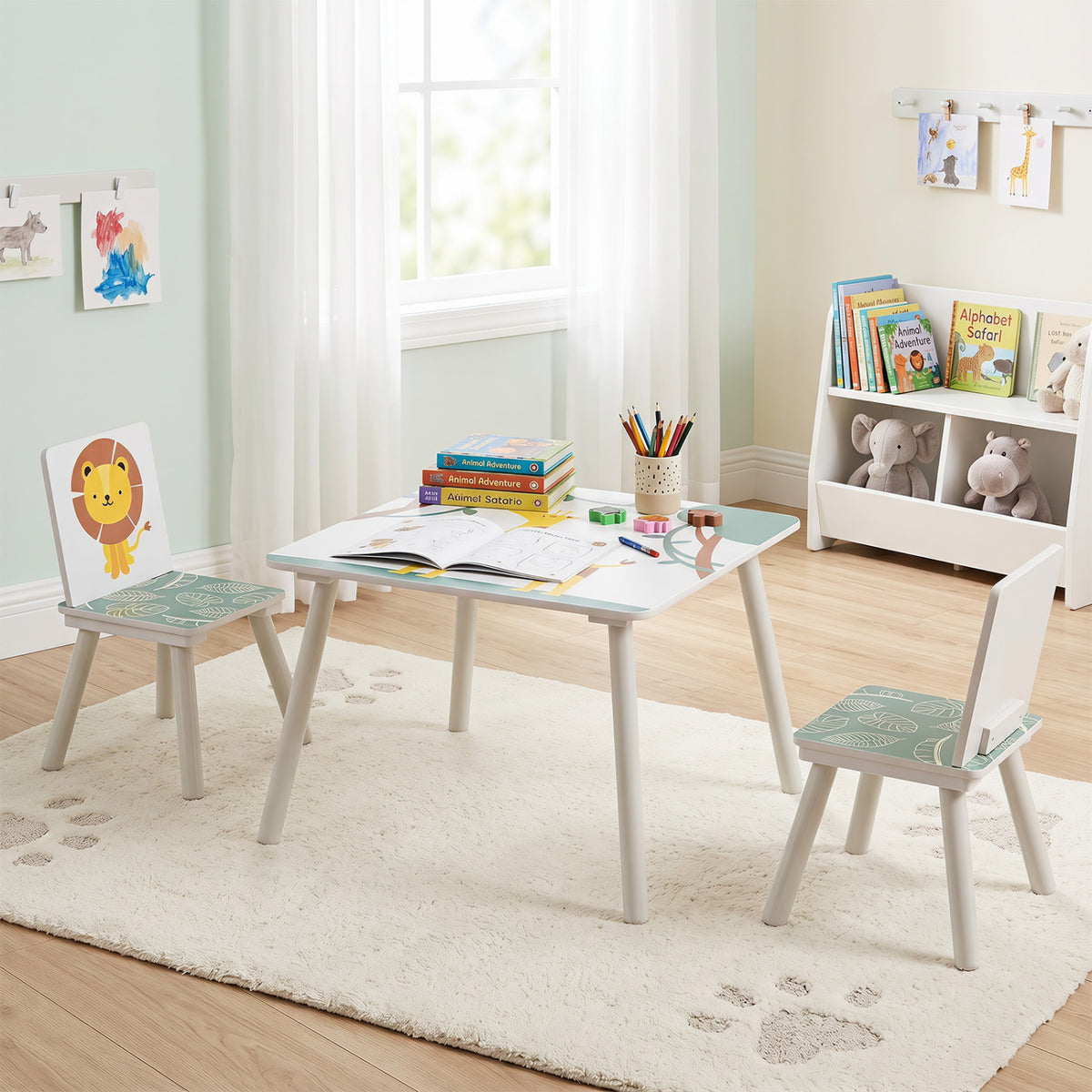 Three-piece kids table and chair set with colorful animal patterns for children aged 3 to 6, designed for toddler and kids furniture.
