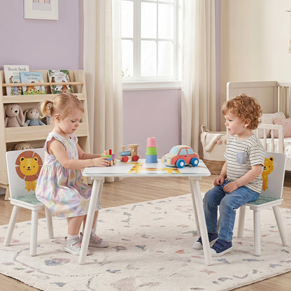 Three-piece kids table and chairs set with playful animal patterns for children aged 3 to 6, featuring colorful toddler furniture.