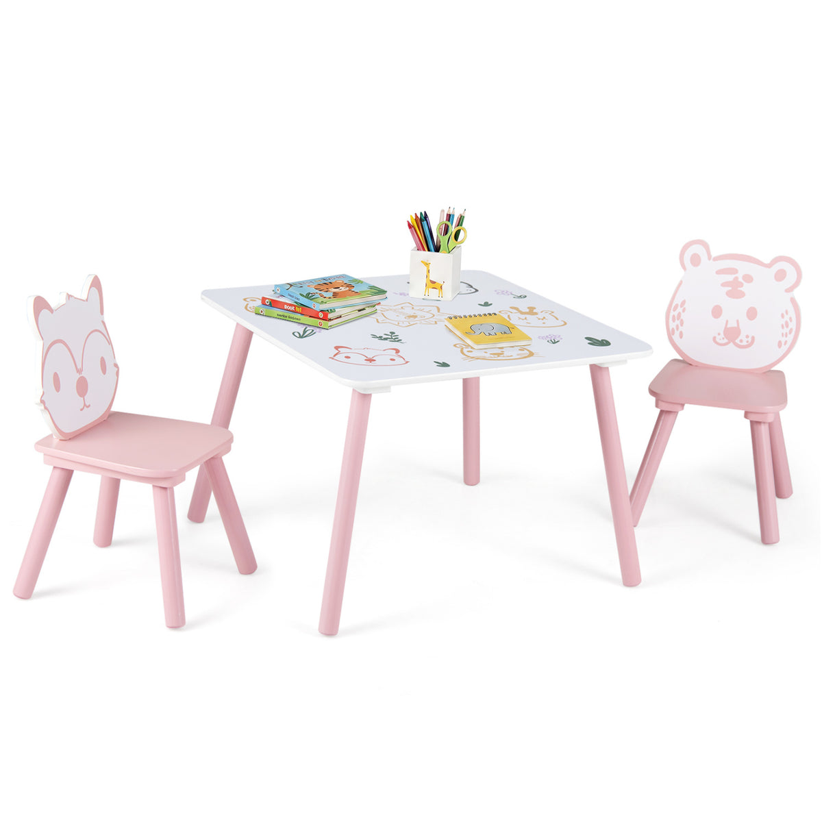 Three-piece kids table and chair set with colorful animal patterns, designed for toddlers and children.