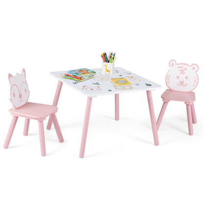 Three-piece kids table and chair set with colorful animal patterns, designed for toddlers and children.