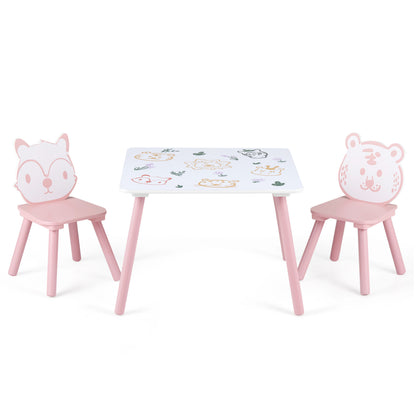 Three-piece kids table and chairs set with colorful animal patterns for toddlers, designed for children's play and activity space.