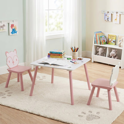 Three-piece kids table and chair set with colorful animal patterns for toddlers, made by Wilsons Home Store.