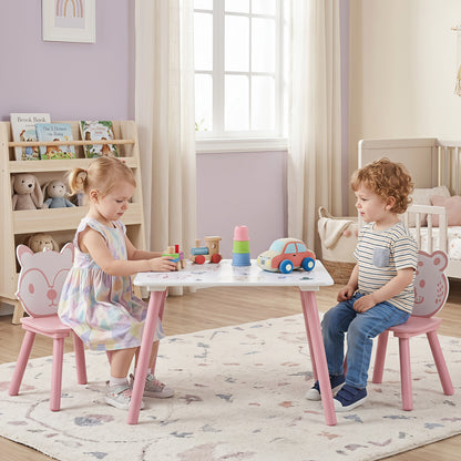 Three-piece kids table and chairs set with colorful animal patterns, designed for toddlers and children, by Wilsons Home Store.