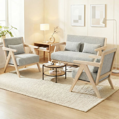 3 Pieces Living Room Furniture Set with Rubber Wood Frame-Brown