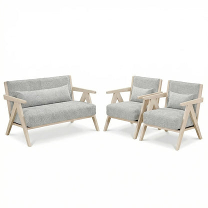 3 Pieces Living Room Furniture Set with Rubber Wood Frame-Brown