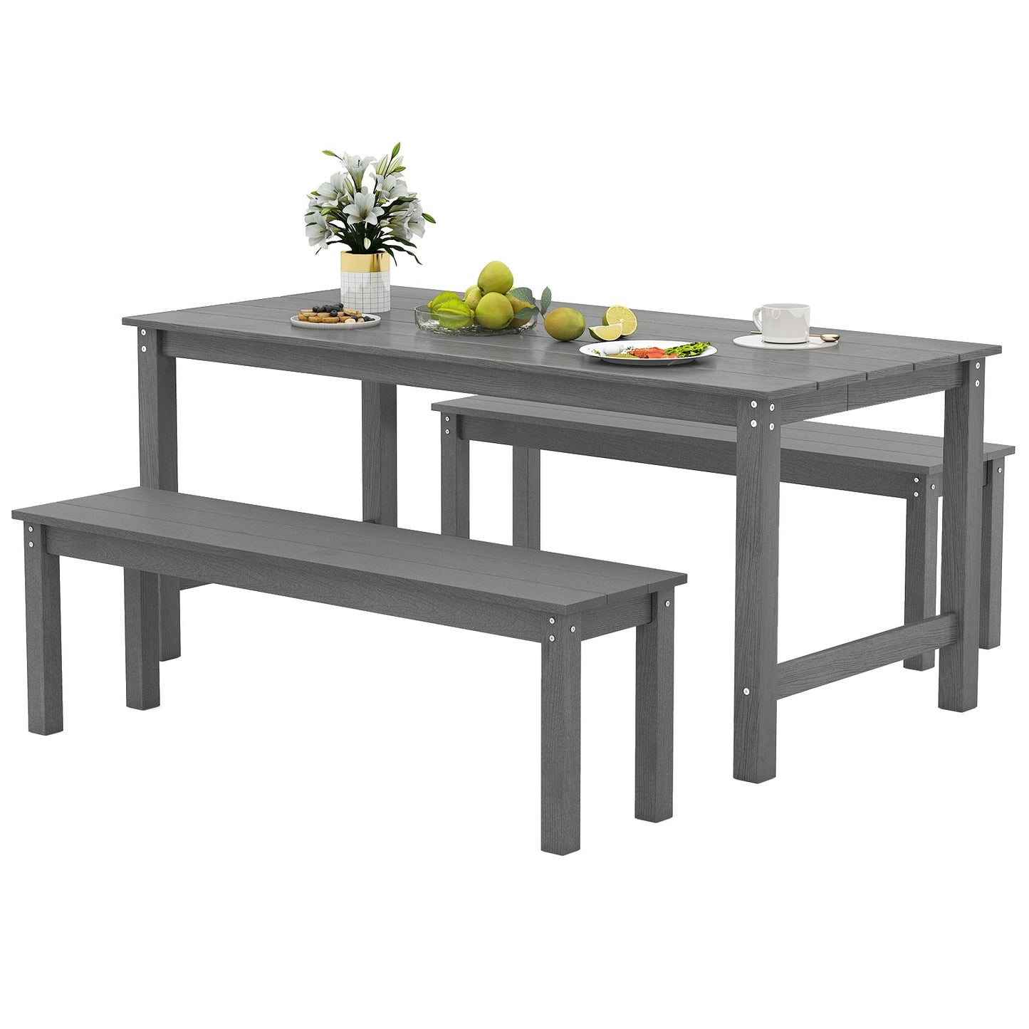 3 Pieces Outdoor Dining Table Set with 2 Benches-Black