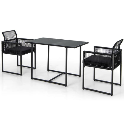 3 Pieces Outdoor Dining Set with Folding Backrest and Seat Cushion-Black
