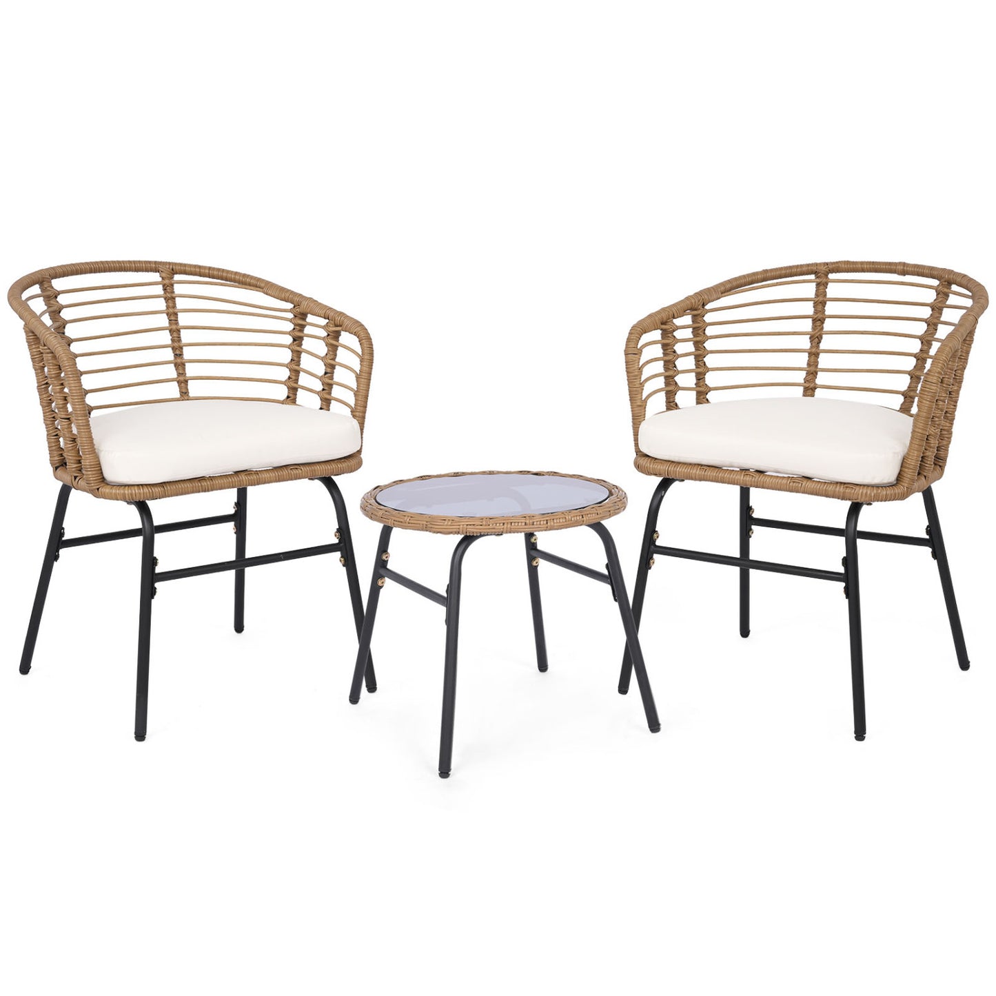 Three-piece outdoor patio furniture set with white cushions, including chairs and a table, by Wilsons Home Store.