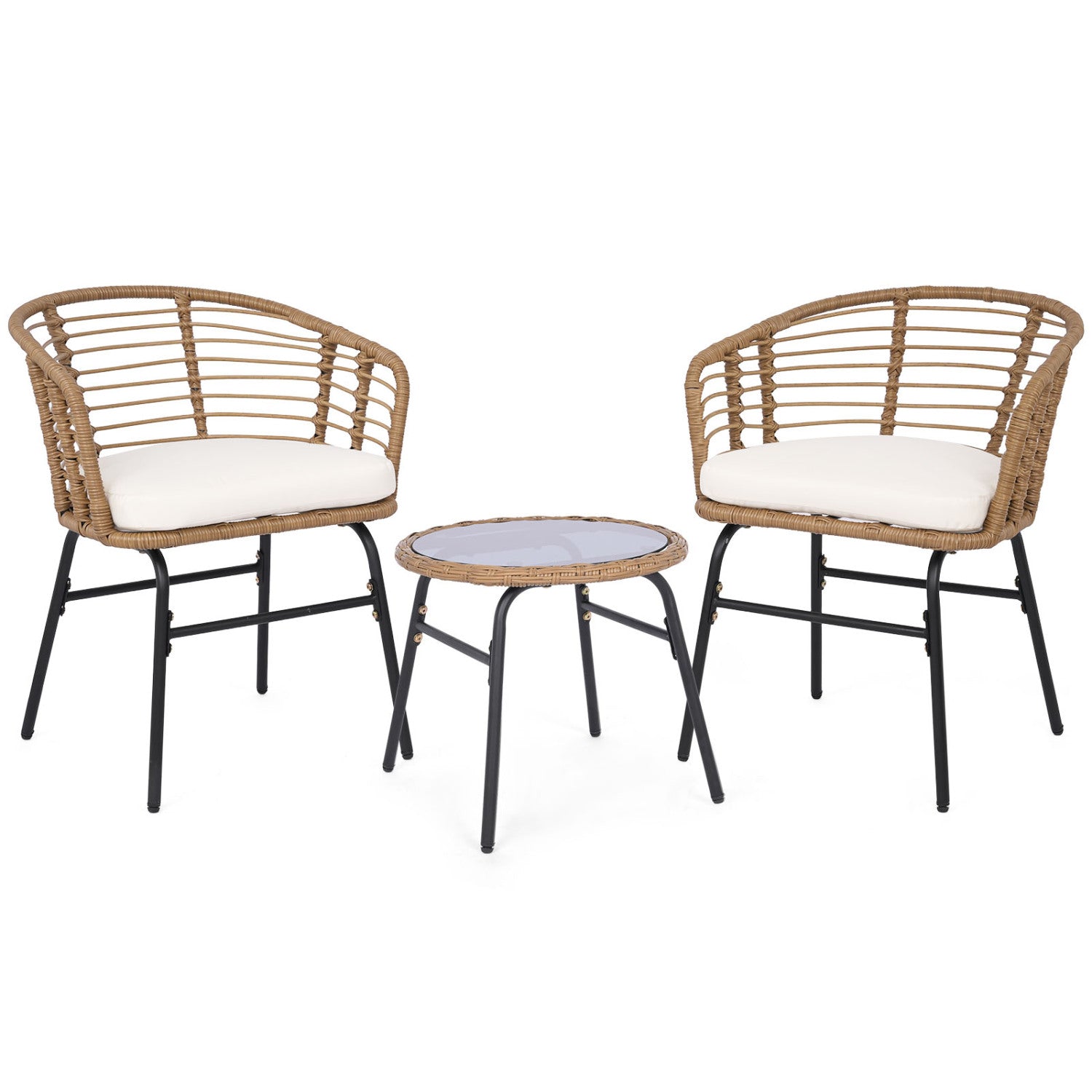 Three-piece outdoor patio furniture set with white cushions, including chairs and a table, by Wilsons Home Store.